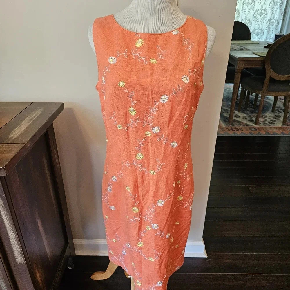 Coldwater Creek Coral Orange Floral Embroidered Sleeveless Dress